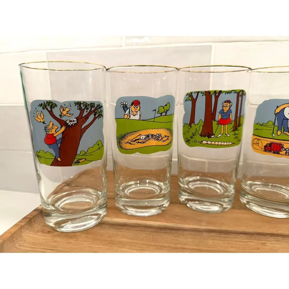 Vintage Ashby Cartoon Golf Tumbler Drinking Glasses Set‎ of 6